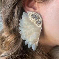 These Look Like Angel Wings . Cream Beaded And Embellished With Sequins And Rhinestones. Felt Back, Post Earrings. Brand New, Only Worn For The Photo. Almost 3 Inches In Length. No Trades Please Price Is Firm But I Will Discount With Bundles Of More Than Three Items. Comes From A Smoke Free And Pet Free Home I Ship Very Fast Elegant Embellished White Earrings, Elegant White Embellished Earrings, White Embellished Earrings For Party, Elegant Embellished Beaded Earrings For Wedding, Bohemian White Jewelry With Rhinestones, Silver Pearl Beaded Earrings For Party, White Crystal Embellished Jewelry, Elegant White Earrings With Silver Beads, White Embellished Jewelry For Parties