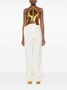 Cult Gaia Quella Draped Metallic Crop Top - Farfetch Glamorous Satin Crop Top For Evening, Cropped Halter Top For Spring Evening, Elegant Halter Neck Crop Top For Evening, Chic Gold Halter Top For Party, Glamorous Fitted Cropped Halter Top, Elegant Gold Halter Top For Summer, Satin Halter Neck Crop Top For Evening, Chic Satin Cropped Halter Top, Cropped Satin Halter Top