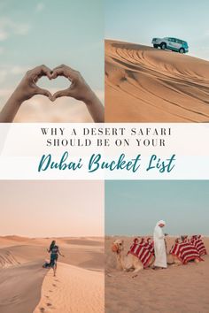 the desert is filled with sand and people are making heart shapes in their hands, while two