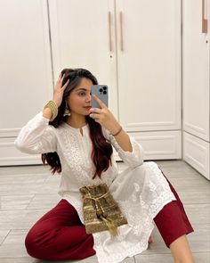 Rakhi outfit, Indian outfit Rakhi Look For Women, Rakhi Outfit Ideas, Chudi Designs, Cotton Anarkali Dress, Ethnic Aesthetic, Kurti Ideas, Iit Bombay, White Kurti, Nigerian Recipes