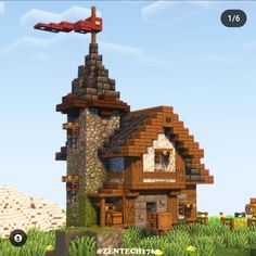 a small house made out of wood and stone with a red plane flying over it