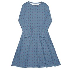 "This dress is for adult women who are fans of American Girl. The pattern is inspired by Kirsten Larson's dress in \"Meet Kirsten.\"  The dress is a dusty blue with geometric floral print (Swedish style). I love this dress because it's a modern cut, so you can actually sneak it to work and regular errands! It's soft fabric and flattering cut will ensure you feel comfortable and feminine all day long. Plus, the fitted waist and flared bottom part of the dress will accentuate the wearer's naturall Blue Long Sleeve Knee-length Dress For Spring, Fitted Blue Long Sleeve Casual Dress, Blue Fitted Long Sleeve Casual Dress, Casual Fitted Blue Long Sleeve Dress, Blue Midi Long Sleeve Dress For Fall, Blue Long Sleeve Midi Dress For Fall, Modest Blue Midi Dress For Fall, Blue Long Sleeve Dress For Fall, Fitted Blue Dresses With All Over Print