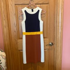 Perfect Condition, Only Worn Once. Originally $368. As Seen On Madam Secretary. Multicolor A-line Dress For Work, Chic Orange Color Block Dress, Fitted Sleeveless Color Block Dress, Retro Fitted Color Block Dress, Multicolor A-line Workwear Dress, Multicolor Knee-length Mini Dress For Work, Multicolor Mini Dress For Work, Multicolor Knee-length Midi Dress For Work, Fitted White Color Block Dress