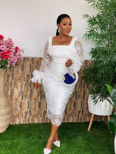 Guest Wedding Dress Woman Bodycon Shiny Square Collar Long Sleeves Lace Patchwork Birthday African Party Event Occasion Gown New Guest Wedding Dress, White Lace Gown, African Party Dresses, Lace Gown Styles, Midi Dress Style, Lace Styles, White Long Sleeve Dress, Dress Woman, White Dresses For Women