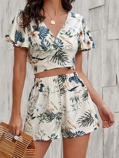 Multicolor Boho Collar Short Sleeve  Tropical  Embellished Non-Stretch Summer Women Clothing Top With Shorts, Crop Top And Shorts, Print Crop Tops, Two Piece Dress, Hippie Style, Fashion Sewing, Tropical Print, Piece Dress