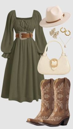 Check out kortney_carson's Shuffles Country Western Aesthetic Outfit, Green Outfit Aesthetic Casual, Green Hat Outfits For Women, Outfits Western Style, Green Dress Fall Outfit, Fall Modest Skirt Outfits, Cowgirl Outfit Ideas For Women, Country Western Dress, Modest Womens Outfits