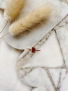 a feather on top of a white plate with a red stone in the middle and some yellow feathers