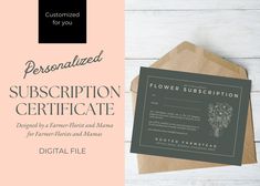 "Flower Farmer and Florist Gift Certificate | Customized Digital File We've created a series of chic, professional, custom digital products to help our fellow flower farmers and florists save time, money and brain space so they can focus on where they're needed most. This listing includes PERSONALIZATION of the generic design. Personalization includes: - Your business name, website and/or physical address - Your program title (i.e. \"Bouquet Share\" \"Flower Subscription\" \"Bouquet CSA\" etc) - Your subscription details - Replacement of background color (note: anything other than white will require \"full bleed\" printing which is more expensive when printed) - Replacement of text and graphics color - Note: Does not include complete re-design or start-from-scratch design. Overall the desi Minimalist Resume Template, Simple Resume Template, Flower Subscription, Simple Resume, Flower Farmer, Modern Resume Template, Gift Certificate, Bingo Cards, Modern Wedding Invitations