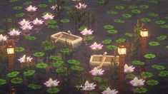 an image of some water lilies and lanterns in the water with lights on them