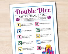 a printable christmas gift exchange game with presents on it and the words, double dice