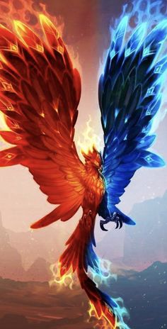 a colorful bird flying through the air with its wings spread out and fire coming from it's back