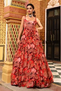 Red chiffon flared kalidar anarkali with floral print detailing. - Aza Fashions Kalidar Anarkali, Flared Anarkali, Anushree Reddy, Red Kurta, Sanya Malhotra, Women Kurta, Red Chiffon, Jacqueline Fernandez, Red Silk