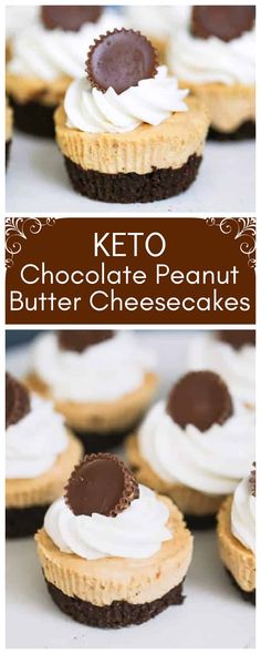 keto chocolate peanut butter cheesecakes with whipped cream on top