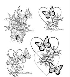 four butterflies and roses with the word love written on them in black ink, surrounded by hearts