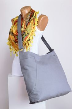 $39 Light Gray Hobo Bag Zipper Closure Two Big Pocket Extra Large Bag Long Strap Canvas Bag Shoulder bag Crossbody bag Accessories Handmade Gift