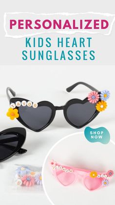 sunglasses with flowers on them and the words, personalized kids heart sunglasses shop now