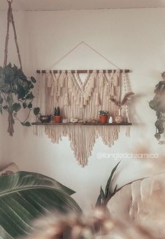 some plants are hanging on the wall in front of a white wall with macrame