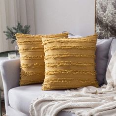 A decorative sofa cushion cover with a textured touch is a perfect addition for decoration in the living room. House of Avana Color: Yellow, Size: 11.8" x 11.8" | House of Avana 100% Cotton Throw Square Pillow Cover 17.717 H x 17.717 W in Cotton in Yellow | 11.8" x 11.8" | Wayfair Sofa Couch Living Room, Couch Living Room, Vintage Room Decor, Boho Throws, Boho Throw Pillows, Sofa Throw Pillows, Pillow Room, Sofa Cushion Covers, Cotton Throw