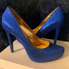 Let The Holidays Begin! Never Worn Gorgeous Cobalt Blue Glitter Heels. Size 8 1/2 Blue Glitter Heels For Evening, Blue Glitter Evening Heels, Blue Glitter Heels With Round Toe, Blue Glitter High Heels, Blue Glitter Heels, Glitter Heels, Blue Glitter, Cobalt Blue, Cobalt