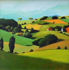 an oil painting of green hills and trees