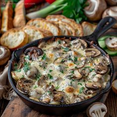 a skillet filled with cheese and mushrooms on top of a wooden table next to bread