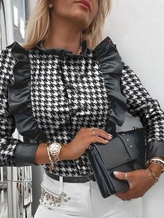 Gender:Women Type:Blouses Feature:Single-Breasted. Houndstooth. Long Sleeve Material:Polyester Style:Casual/Fashion Color:Black. White Size:S. M. L. XL. 2XL Please Note:All Dimensions Are Measured Manually With A Deviation Of 1 To 3cm. Woman Blouse Casual, Style Année 80, Round Collar Shirt, Leather Blouse, Grunge Shirt, Black Blouse Long Sleeve, Casual Cardigans, Leather Shirt, Style Noir