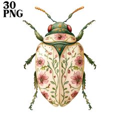 a bug with flowers and leaves painted on it's back end, sitting in front of a white background