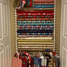 a closet filled with lots of different types of wrapping