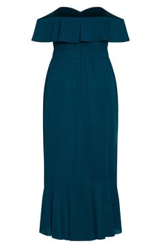 From cocktails to concert halls, this stunning midi dress with its figuring-defining silhouette and dainty ruffle accents is designed to make an entrance. 48 1/4" length Sweetheart neck Adjustable straps Satin lining 100% polyester Hand wash, dry flat Imported Elegant Midi Dress With Ruffle Hem And Sweetheart Neckline, Formal Fitted Midi Dress With Ruffled Straps, Elegant Evening Midi Dress With Ruffled Straps, Formal Tea-length Dress With Ruffles, Formal Tea Length Dress With Ruffles, Party Midi Dress With Sweetheart Neckline And Ruffle Hem, Formal Tea-length Ruffled Dress, Evening Midi Dress With Ruched Details And Ruffled Straps, Sweetheart Neckline Midi Dress With Ruffle Hem For Party