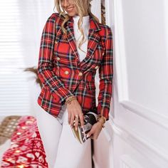 Plaid Blazer Professional Jacket - Classic and Stylish Workwear - Women's Business Attire Cardigan Blazer, Blazer Casual, Plus Size Suits, Casual Blazer, Long Sleeve Blazers, Plaid Blazer, Fashion Seasons, Colored Blazer, Red Jacket