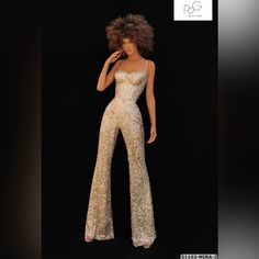 Gold Jumpsuit Wedding, Elegant Spaghetti Strap Jumpsuits And Rompers For Party, Elegant Party Jumpsuits With Spaghetti Straps, Luxury Jumpsuits And Rompers For Gala, Fitted Party Overalls, Party Overalls With Fitted Stretch, Luxury Fitted Pants For Party, Elegant Fitted Overall Pants, Gold Sleeveless Jumpsuit For Evening