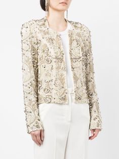 Zuhair Murad baroque-embellished Cardigan - Farfetch Luxury Embellished Evening Outerwear, White Elegant Formal Cardigan, Chic Embellished Cardigan For Party, Fitted Luxury White Cardigan, Luxury Fitted White Cardigan, Chic Embellished Party Cardigan, Elegant White Sequined Outerwear, Luxury Cream Outerwear For Evening, Elegant Sequined Cardigan For Fall