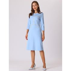 This dress can be a perfect addition to almost any outfit from formal to daily wear, great for work, meetings, offices, businesses, work, parties, cocktails, weddings, casual, daily dressing, etc. Pair with a delicate necklace and heels for a chic office look. Comfortable and classic, this contrast color dress is perfect on its own or as a layer under a blazer or jacket. Keep your look formal and elegant in fall weather with this work dress from INSPIRE CHIC, featuring tweed trim details, 3/4 sl Blue 3/4 Length Dress For Work, Elegant Formal A-line Tweed Dress, Elegant Blue Tweed Dress, Fitted Blue Tweed Knee-length Dress, Blue Spring Tweed Knee-length Dress, Elegant Office, Look Formal, Sewing Party, Women Maxi