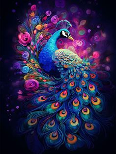 a painting of a peacock with colorful feathers on it's back and its tail