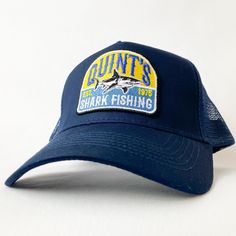 Quint's Shark Fishing - vintage style retro trucker cap - brand new. Condition is New with tags.  This is the navy version, please see other listings for the olive green and the white version. The cap is wrapped in tissue paper and shipped in a rigid box so it'll arrive in perfect condition. Brilliant exclusive design, not available anywhere else. Great conversation starter and gift for fans of Jaws. Shark Hat, Shark Fishing, Cap Style, Fishing Hat, Vert Olive, Mesh Cap, Great Conversation Starters, Vintage Stil, Trucker Cap