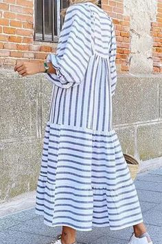 Long Sleeve Striped Maxi Dress For Summer, Striped Long Sleeve Maxi Dress For Summer, Striped Long Sleeve Maxi Dress For Vacation, Long Sleeve Striped Midi Beach Dress, Striped Long Sleeve Midi Dress For Beach, Weaving Dress, Doctor Dress, Boat Neck Long Sleeve, Loose Clothing