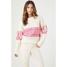 A Ribbed Knit Sweater Featuring A Crew Neck, Dropped Long Sleeves, Geo Design, And Tassel Fringe Trim - 100% Polyester - Machine Wash Cold White Knit Tops With Fair Isle Pattern, Neon Pink Sweater, Geo Design, Pink Pullover Sweater, Cable Knit Sweater Womens, Pink Knit Sweater, White Halter Maxi Dress, Boatneck Sweater, Cozy Chic