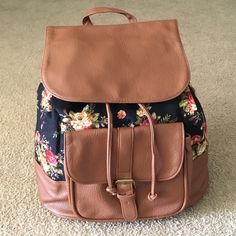 New Black Floral Canvas And Brown Faux Leather Backpack. Features A Front Flap Closure With Adjustable Drawstring And Snap Button, Front Button Snap Pocket, Adjustable Shoulder Straps, Top Handle And One Zipper Pocket Inside Brand: Charlotte Russe Size: 14”In X 13”In Floral Backpack, Faux Leather Backpack, Mermaid Print, Blue Mermaid, Floral Canvas, Blue Backpack, Pink Backpack, Small Backpack, Black Faux Fur