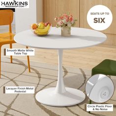 a white table with four chairs around it and the names of different items on it