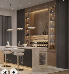 an image of a modern kitchen setting with bar stools and wine bottles on the shelves