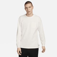 Part of our Premium Essentials collection, this closet-staple tee puts an elevated finish on the long-sleeve pocket t-shirt. Made with heavyweight cotton, the Max90 fit gives you extra room to move and keeps your style casual. Nike Long Sleeve Cotton T-shirt, White Crew Neck Top With Side Pockets, Everyday Crew T-shirt With Ribbed Cuffs, Urban Long Sleeve T-shirt With Ribbed Cuffs, White T-shirt With Side Pockets For Everyday, White Long Sleeve T-shirt With Pockets, Everyday White T-shirt With Side Pockets, Nike Cotton Long Sleeve T-shirt, Urban Crew Neck Sweatshirt With Side Pockets