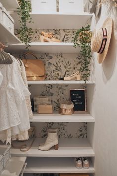 a closet with white shelving and shelves filled with shoes, hats, and handbags