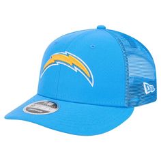 Complete your Los Angeles Chargers look with this Low Profile 9FIFTY Snapback Hat from New Era. This cap features a high crown and structured fit for a modern look you can sport with confidence. The mesh mid and rear panels provide ventilation to keep you cool, making this hat a great option whether you're at the Los Angeles Chargers game or watching from home. Spring Sports Trucker Hat With Flat Brim, Breathable Hat For Sports Events In Spring, Breathable Sports Hat For Spring Events, Breathable Hat For Spring Sports Events, Blue Baseball Cap For Spring Sports, Spring Sports Snapback Trucker Hat, Blue Spring Baseball Cap For Sports, Spring Sports Baseball Cap With Flat Bill, Spring Sports Trucker Hat Snapback