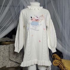 Nwt Disney Alice In Wonderland Rare White Rabbit Embroidered Turtleneck Ruffle Oversized Knit Jumper/Dress Sm White Cotton - Measures 31 Inches Long, 40 Inch Bust, 46 Inch Waist Embroidered Turtleneck, Nightmare Before Christmas Sweater, Nightmare Before Christmas Dress, Rose Embroidered Dress, Alice In Wonderland Outfit, Knit Jumper Dress, Maroon Lace Dress, Christmas Sweater Dress, Knitted Jumper Dress