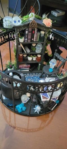 a basket filled with lots of items on top of a table