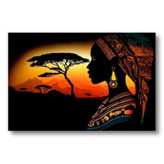 an african woman is silhouetted against the sunset with her headdress and earrings