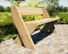 a wooden bench sitting on top of a brick walkway