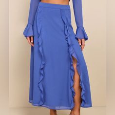 Maxi Length Zip Closure On Side Ruffle Detail On Front And Back Blue Color Stain On Back (Pictured) Size L Chiffon Midi Skirt, Blue Midi Skirt, Lulu Fashion, Gorgeous Sunset, Chiffon Ruffle, Matching Top, Women Skirts Midi, Full Skirt, The Chic