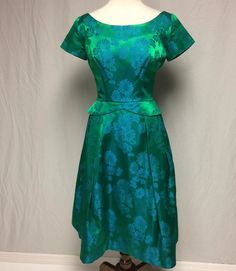 1950's Green/blue Satin Damask Dress RAPPI Peplum - Etsy Green Satin Dress With Floral Print, Green Floral Print Satin Dress, Fitted Green Tea-length Dress, Green Tea Length Dress For Wedding, Green Tea-length Wedding Dress, Green Satin Dress For Garden Party, Fitted Green Vintage Party Dress, Fitted Green Vintage Dress For Party, Green Vintage Dress For Evening