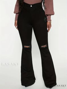 Lasaky - Womens High Waist Distressed Black Flared Jeans - Ripped Bottom, Bell Bottom Design - Premium Denim Pants for Fashion-conscious Individuals Trendy Ripped Flare Jeans For Fall, Trendy Distressed Bottoms For Fall, Stretch Pants With Frayed Hem For Fall, Non-stretch Edgy Cotton Pants, Edgy Non-stretch Cotton Pants, Chic Ripped Cotton Pants, Non-stretch Ripped Jeans For Fall, Edgy Pants With Frayed Hem For Fall, Fall Fitted Ripped Flare Jeans